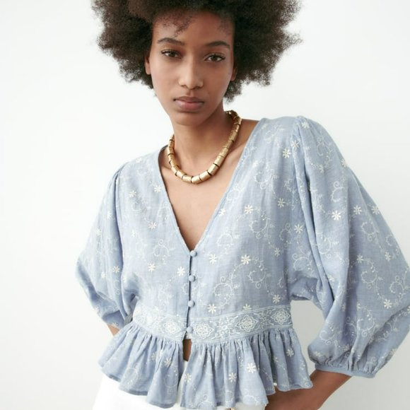 Zara Tops - ZARA Blouse with Contrast Embroidery - XS